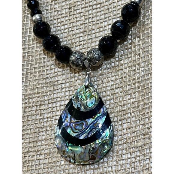 Native American Indian Navajo Abalone Shell Inlay Black Onyx Pendant Necklace - Picture 3 of 7